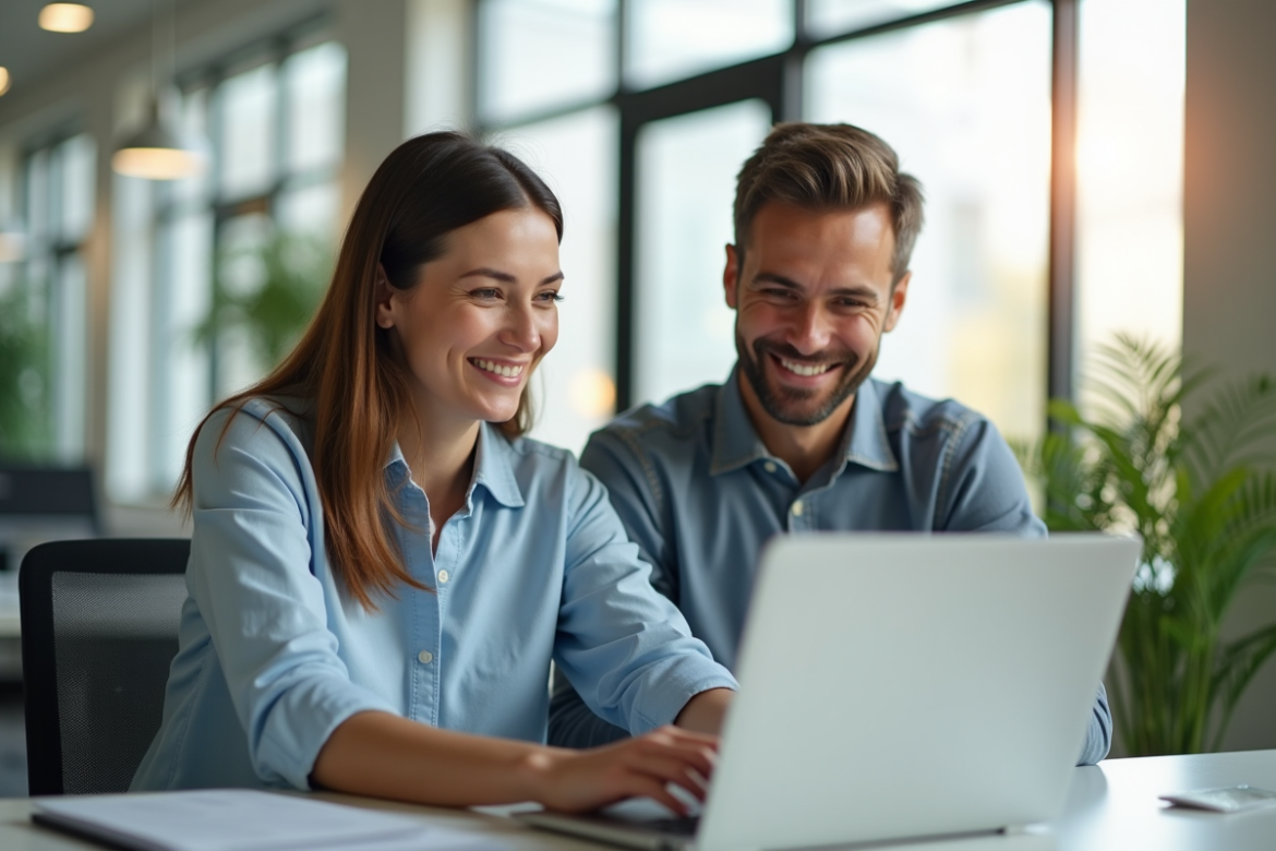 Businesswoman souriante et homme dans un bureau lumineux