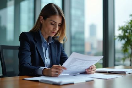 Femme d affaires en costume bleu compare des tarifs factoring