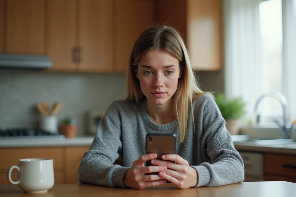 Femme regardant un appel inconnu sur son téléphone portable avec une expression interrogative