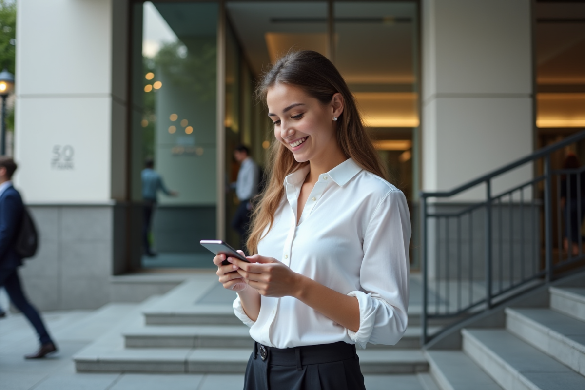 Jeune femme souriante vérifiant son smartphone devant une banque