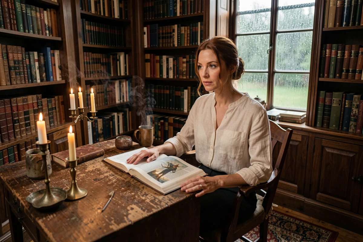 Femme rêveuse dans une bibliothèque cosy lisant un livre romantasy sur un bureau en bois rustique entouré de romans reliés en cuir
