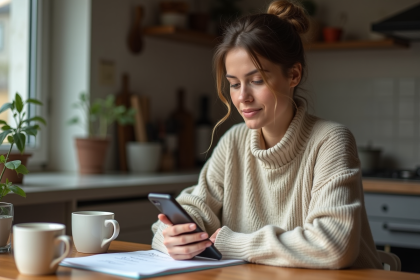 Jeune femme en cuisine faisant un budget avec smartphone