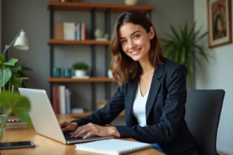 Jeune femme souriante travaillant à son bureau à domicile