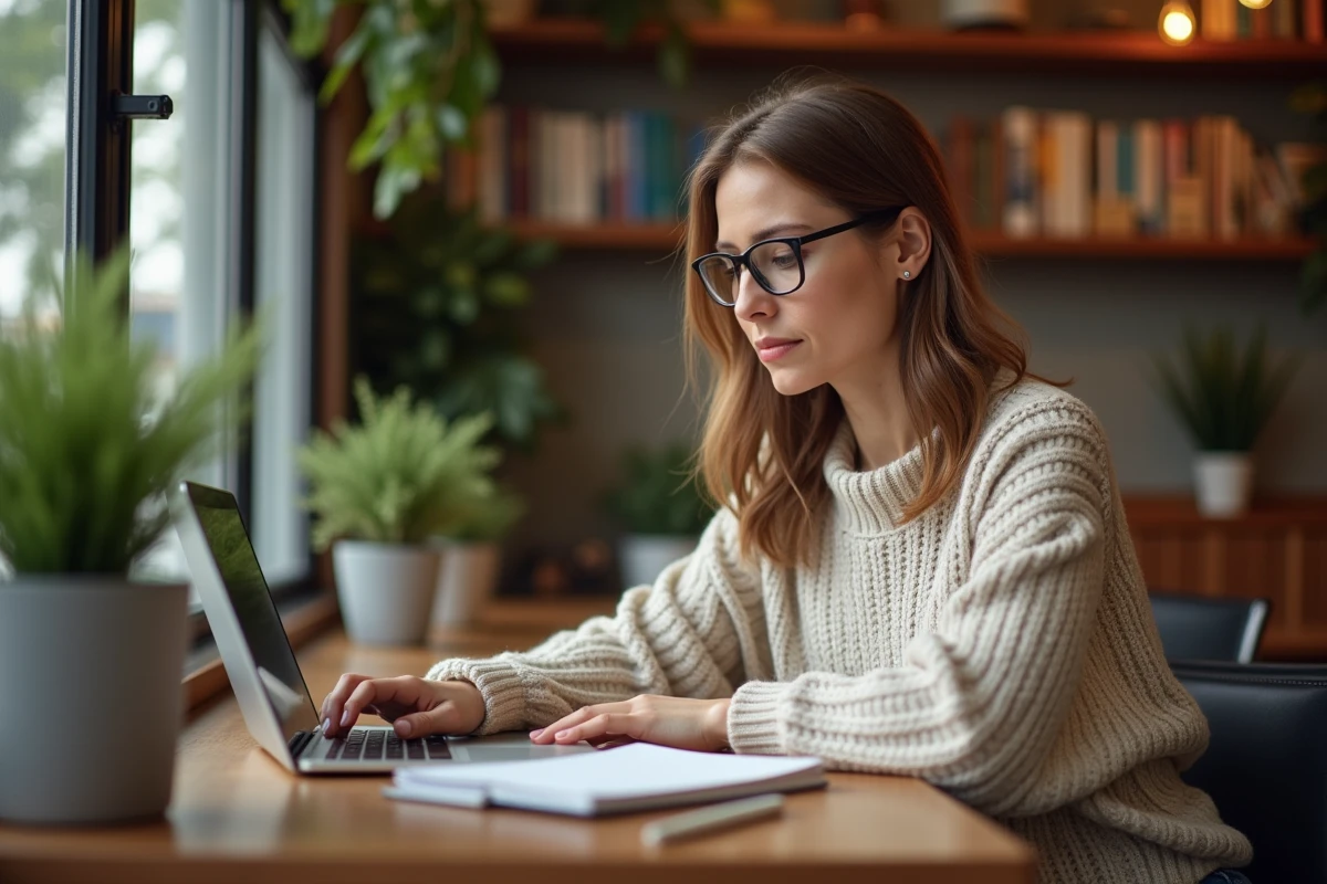 Femme lisant un blog dans un café chaleureux