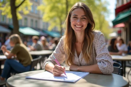 Jeune femme souriante au café en plein air avec calendrier