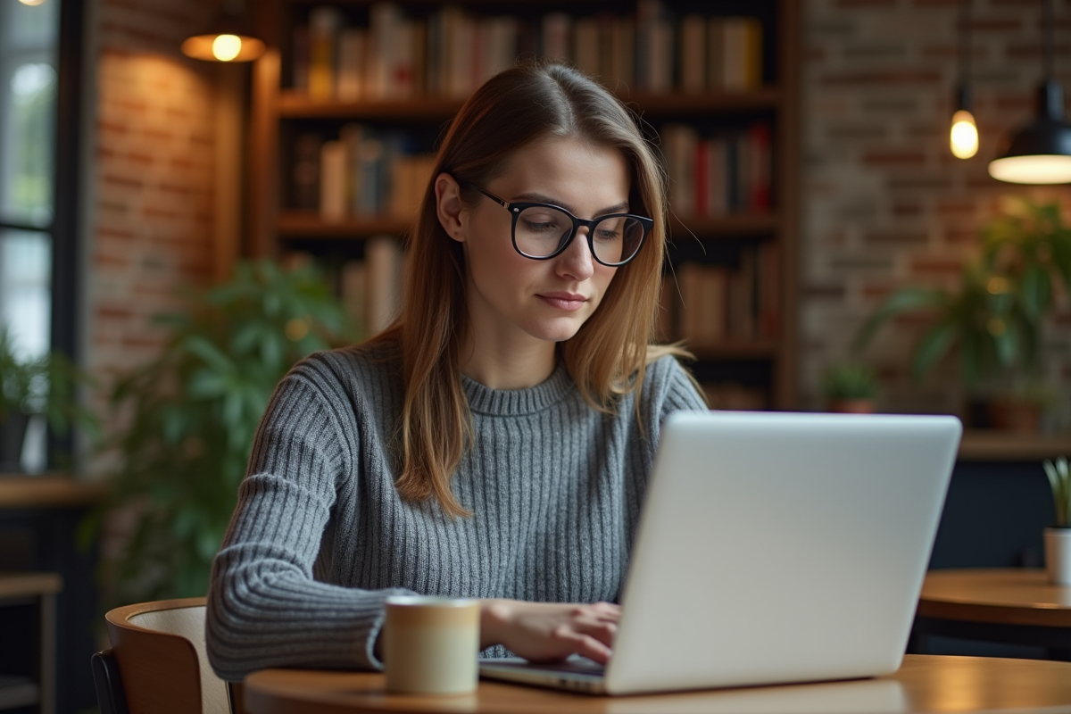 Jeune femme travaillant seule dans un café cosy