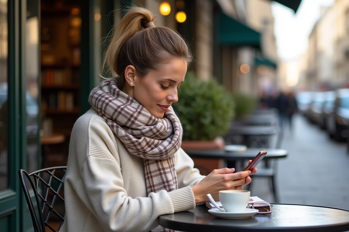 Femme lisant son smartphone dans un café parisien