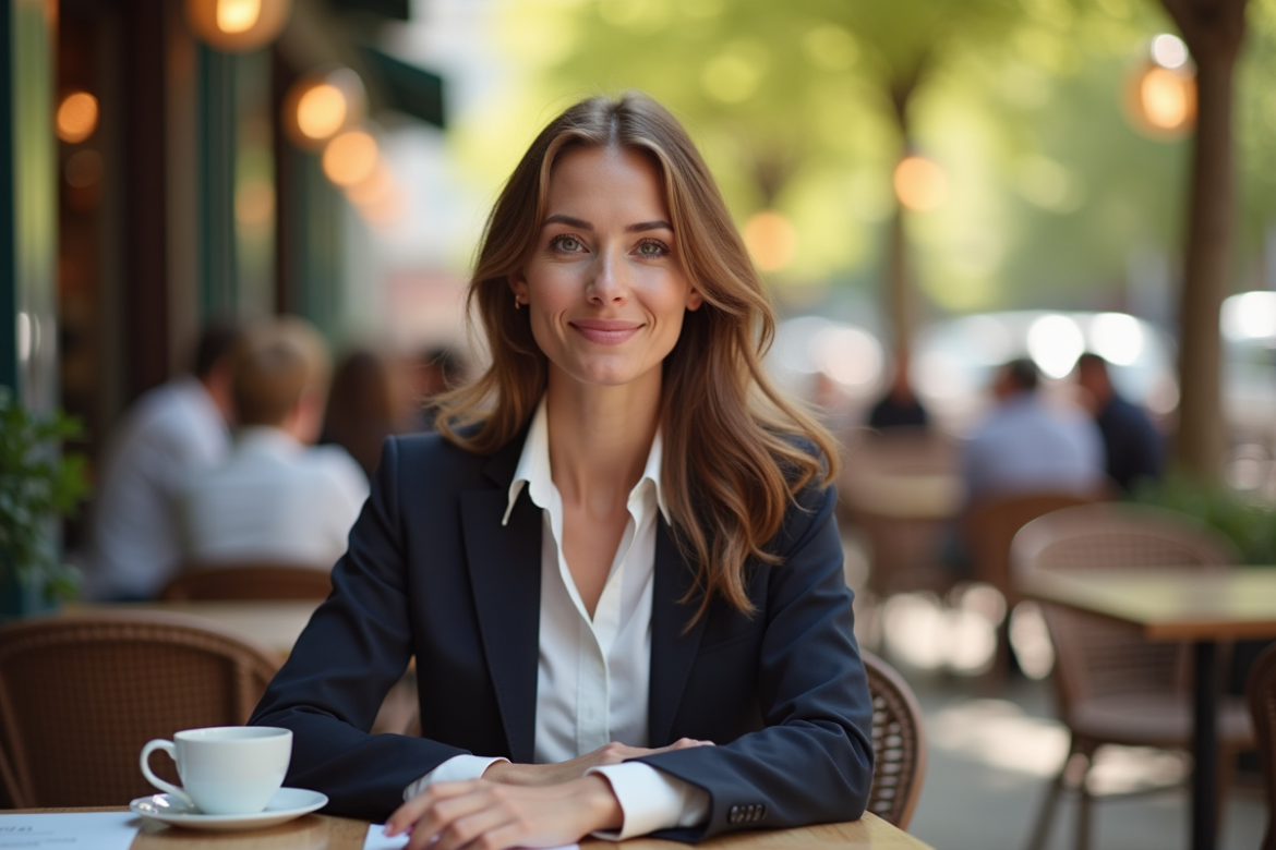 Femme en tenue professionnelle au cafe ensoleille