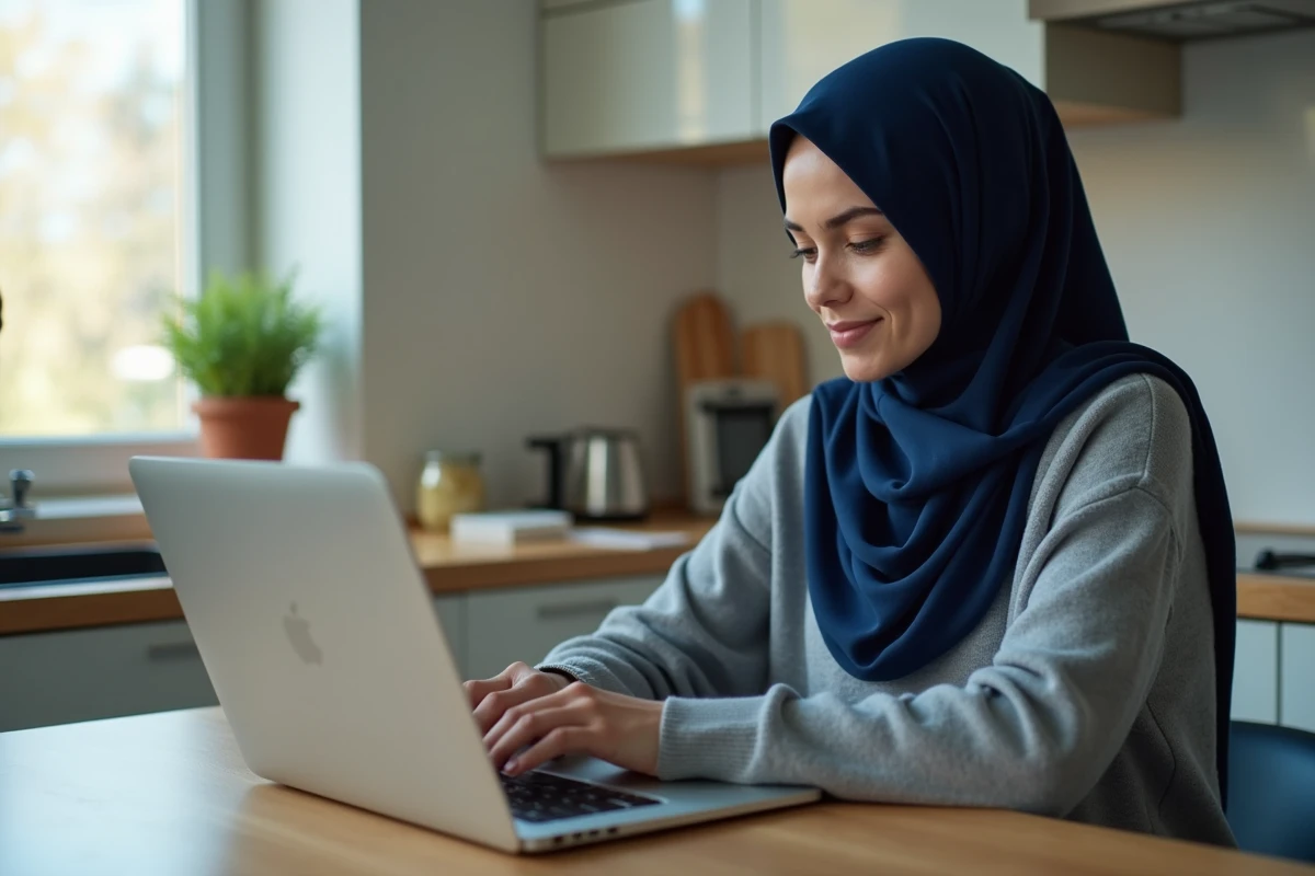 Jeune femme voilée consultant un site de calcul des horaires de prière sur son ordinateur portable à la maison