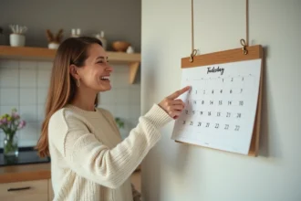 Femme souriante pointant la date du jour sur un calendrier mural dans une cuisine moderne