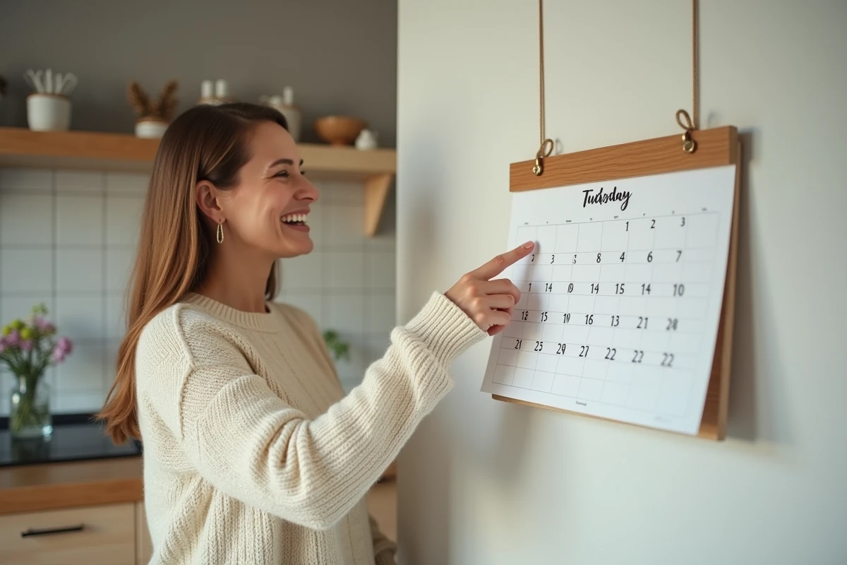 Femme souriante pointant la date du jour sur un calendrier mural dans une cuisine moderne