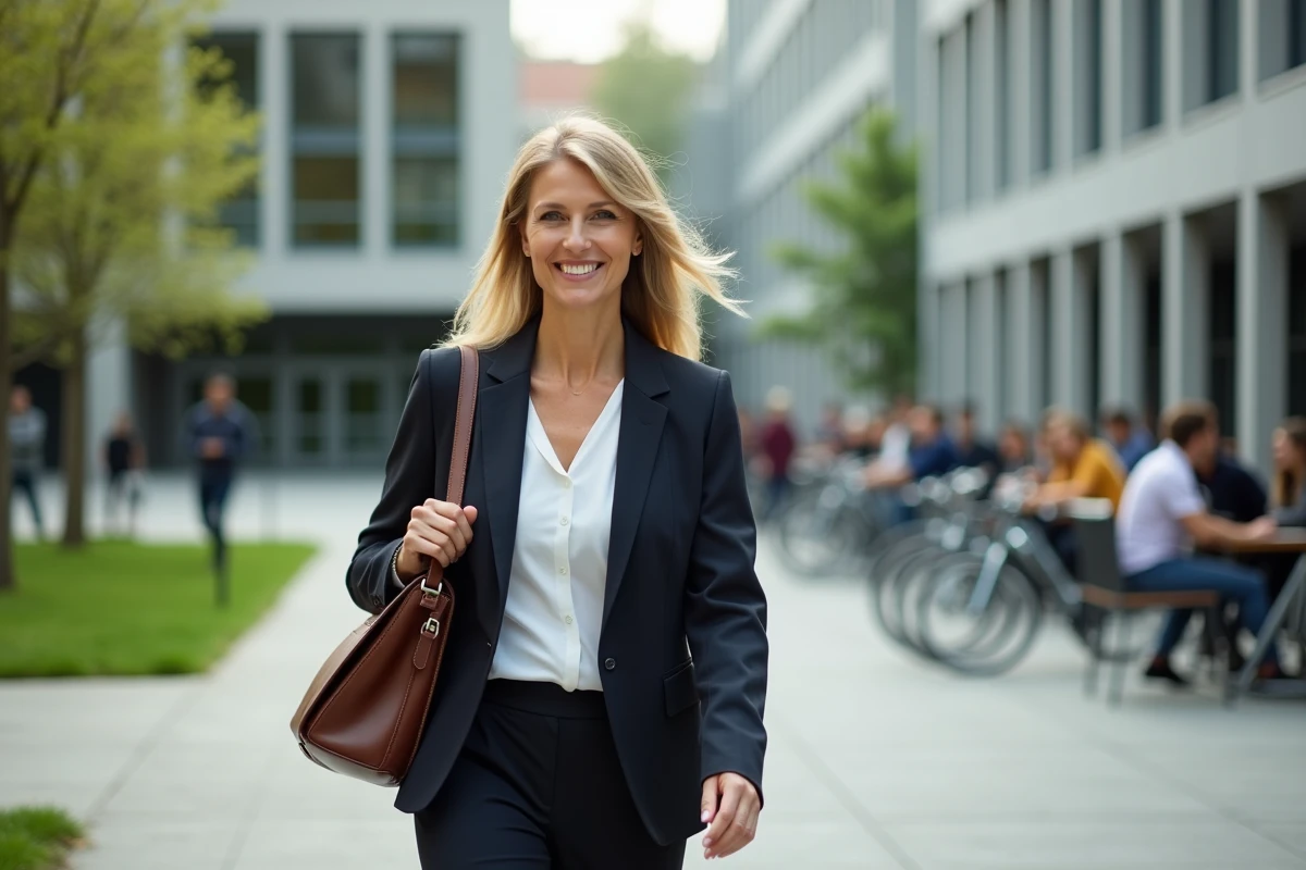 Femme professionnelle sur un campus universitaire moderne illustrant le niveau d'éducation dans un pays développé