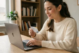 Femme comparant des cartes cadeaux Amazon et Illicado sur un ordinateur portable dans une cuisine moderne