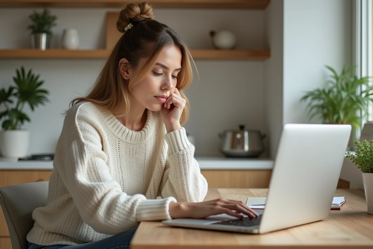 Femme décontractée lisant un blog sur son ordinateur dans la cuisine