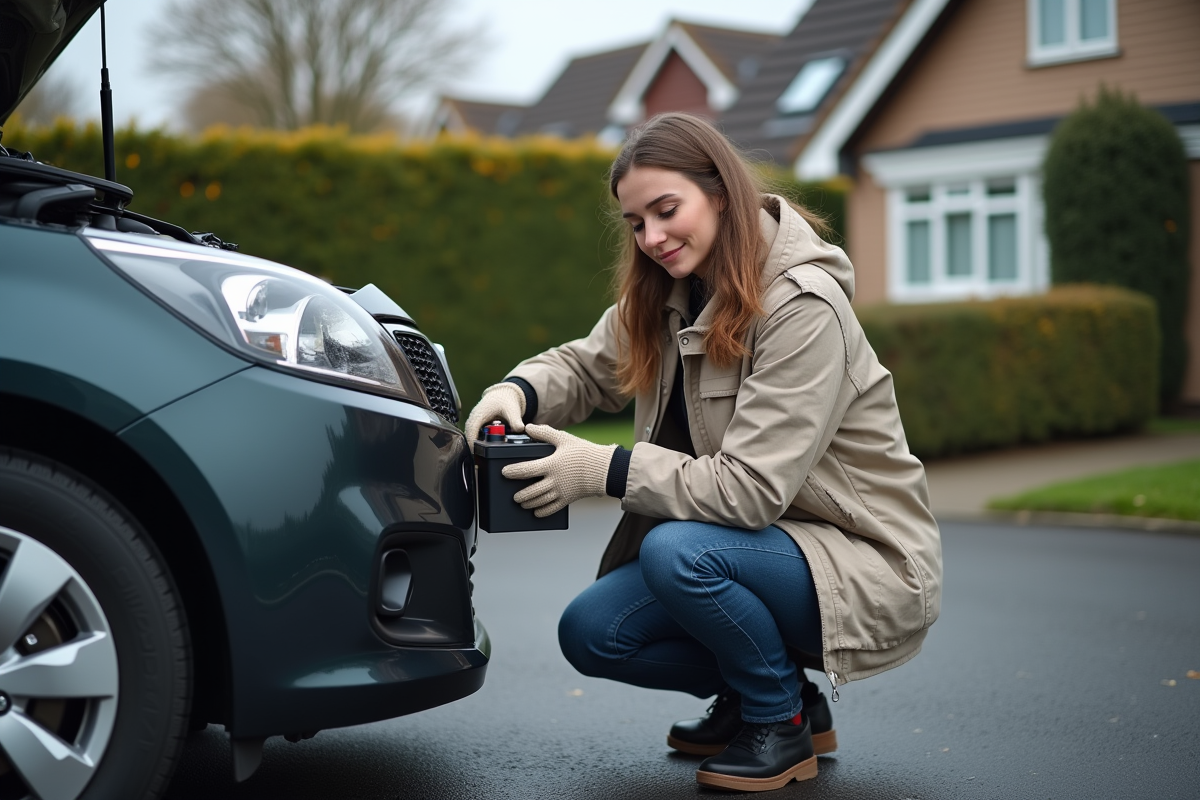 Jeune femme pose batterie neuve sous capot voiture