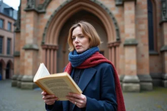 Femme chantant la Marseillaise devant la cathédrale de Strasbourg avec une partition de paroles modernes