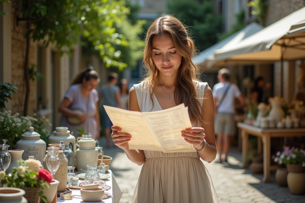 Jeune femme consulte une carte au vide grenier