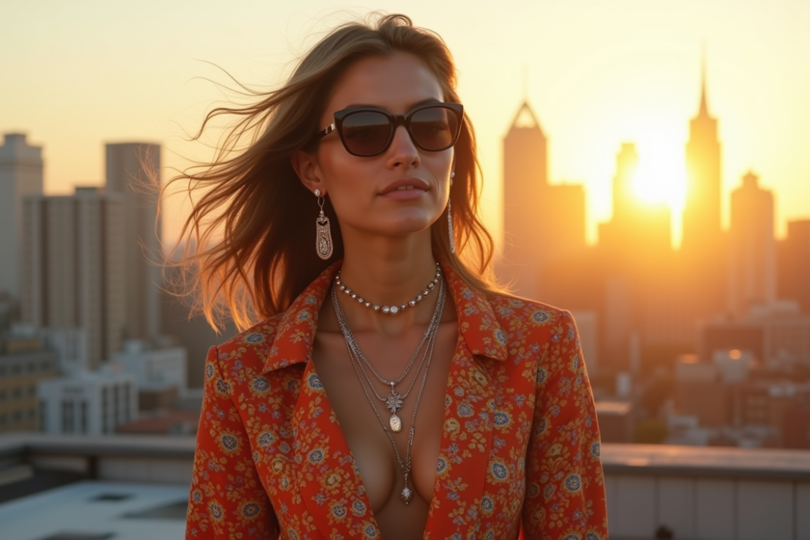 Femme confiante en mode urbain sur un rooftop au coucher du soleil