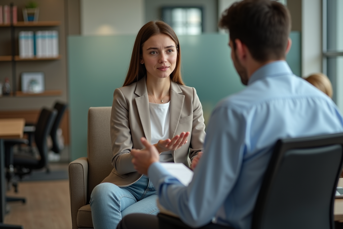 Femme attentive avec conseiller financier dans un bureau moderne