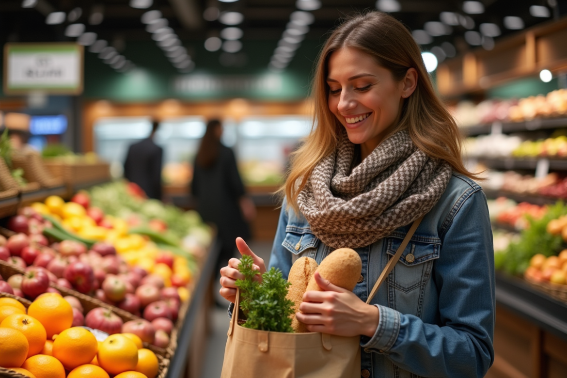 Femme souriante avec sac de courses dans un marché moderne
