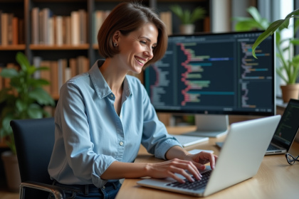 Femme assise au bureau en train de coder