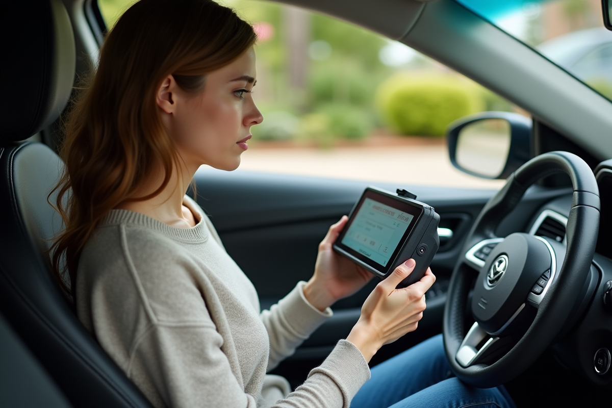 Jeune femme utilise un scanner OBD dans sa voiture