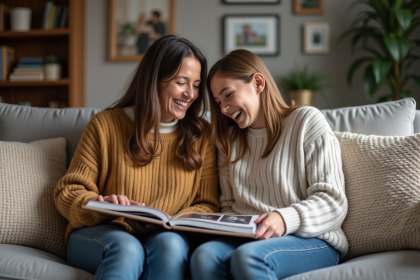 Femme et fille rient en regardant un album photo familial