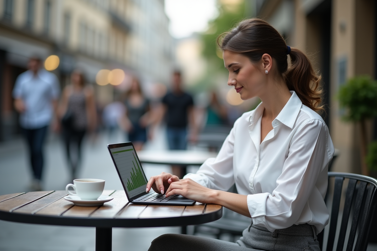 Jeune femme examinant des graphiques financiers sur sa tablette