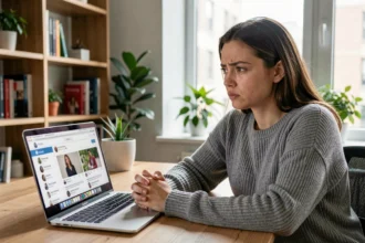 Jeune femme anxieuse regardant son ordinateur portable affichant des profils de réseaux sociaux, illustrant le vol de contenus numériques en ligne