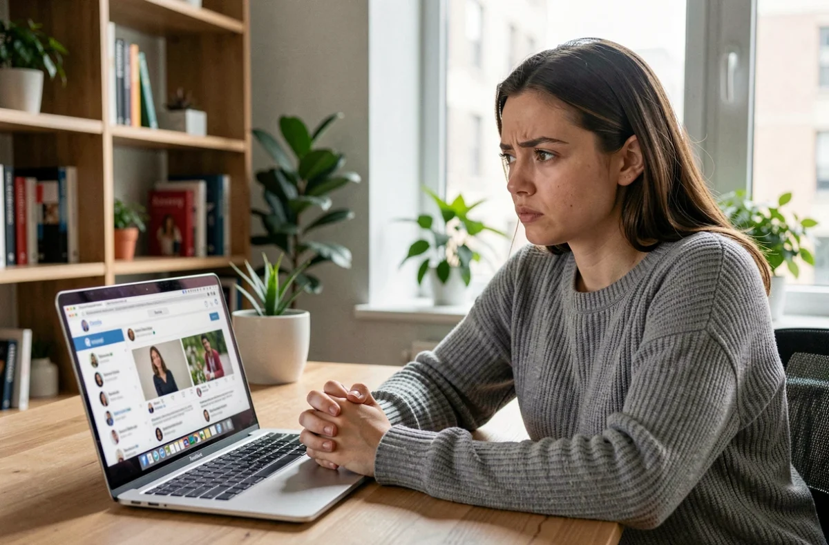 Jeune femme anxieuse regardant son ordinateur portable affichant des profils de réseaux sociaux, illustrant le vol de contenus numériques en ligne