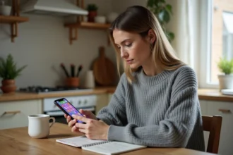 Femme jouant à un jeu de mots type Wordle sur smartphone dans une cuisine scandinave