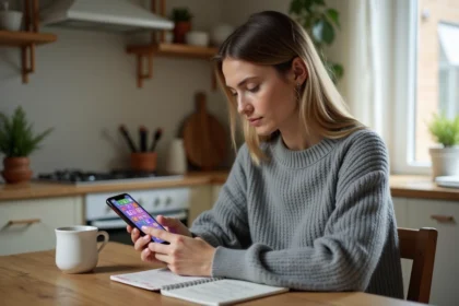 Femme jouant à un jeu de mots type Wordle sur smartphone dans une cuisine scandinave