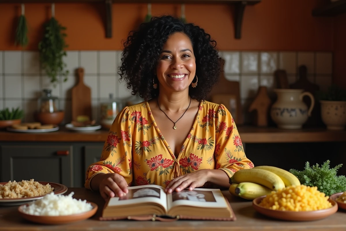 Femme latino-américaine feuilletant un album photo familial dans une cuisine traditionnelle aux influences portoricaines