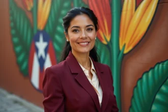 Femme latina fière devant une fresque murale aux symboles culturels portoricains dans un quartier urbain coloré
