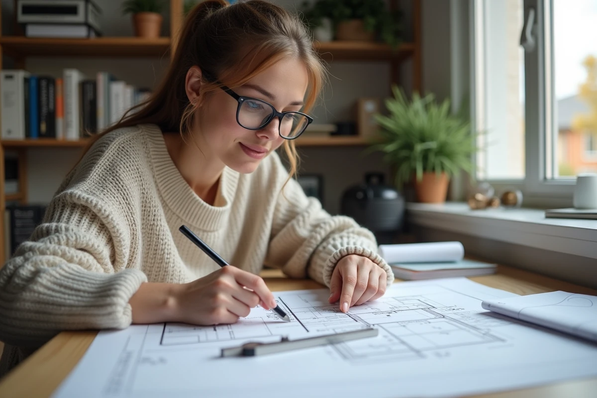 Femme examinant des plans architecturaux dans un bureau à domicile
