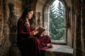 Jeune femme lisant un roman romantasy dans une tour médiévale en pierre, robe en velours bordeaux, ambiance féerique et mystérieuse