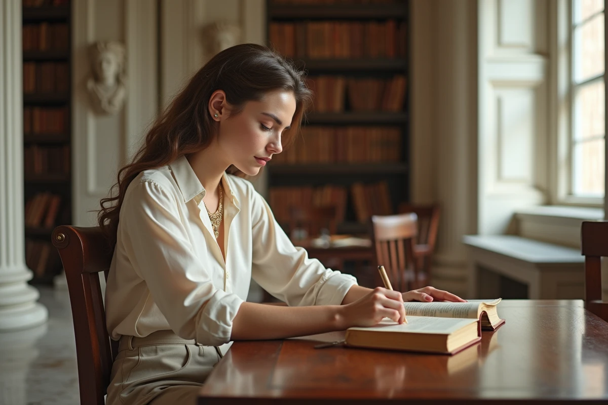 Jeune femme lisant dans une salle d