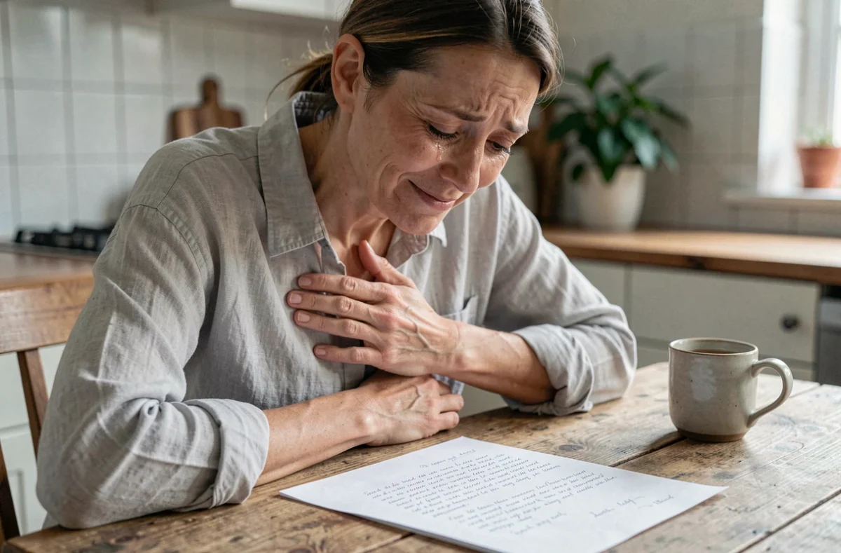 Femme touchée lisant une lettre d'amitié sincère à une table de cuisine, les yeux brillants d'émotion retenue
