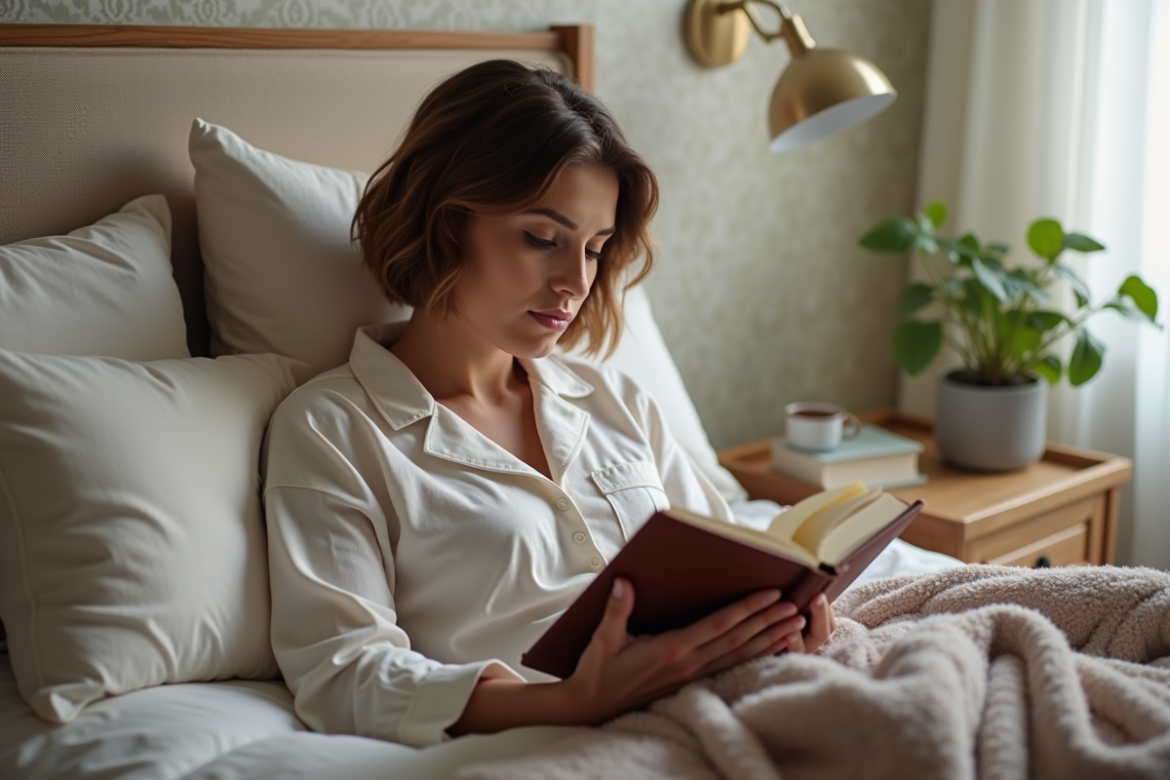 Femme d'âge moyen lisant dans son lit confortable