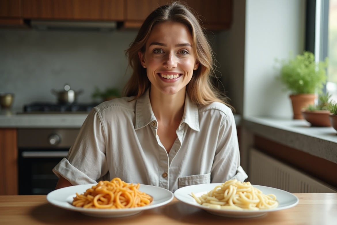 Jeune femme compare deux assiettes de pâtes dans la cuisine