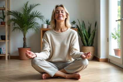Femme méditant en intérieur dans un espace calme et lumineux