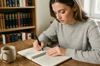 Femme écrivant des notes de grammaire dans un carnet ouvert sur un bureau en bois avec des dictionnaires en arrière-plan