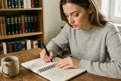 Femme écrivant des notes de grammaire dans un carnet ouvert sur un bureau en bois avec des dictionnaires en arrière-plan