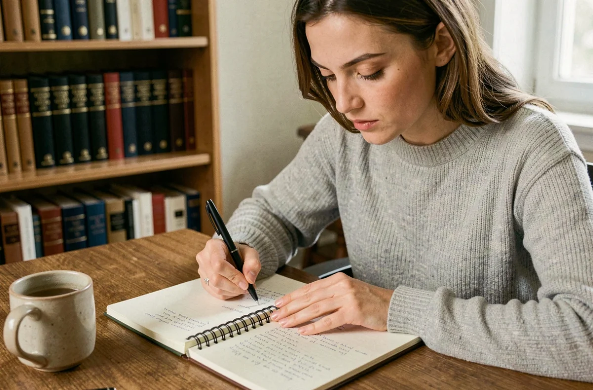 Femme écrivant des notes de grammaire dans un carnet ouvert sur un bureau en bois avec des dictionnaires en arrière-plan