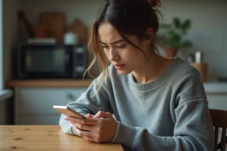 Jeune femme en intérieur utilisant son smartphone à table