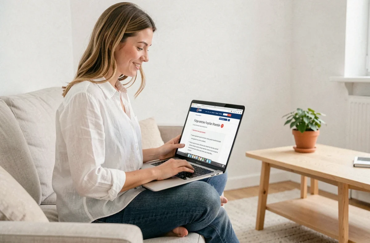 Jeune femme consultant une règle d'orthographe française sur son ordinateur portable dans un salon scandinave