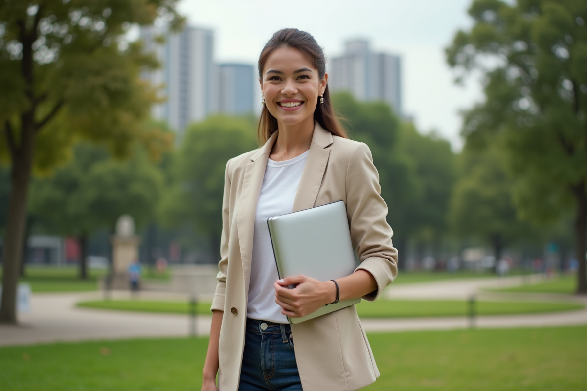 Femme souriante dans un parc urbain avec ordinateur portable