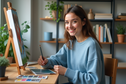 Jeune femme en sweater bleu peignant un canvas dans un intérieur cosy