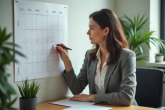 Jeune femme professionnelle consulte un calendrier dans un bureau moderne