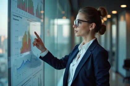 Jeune femme en blazer expliquant un graphique coloré